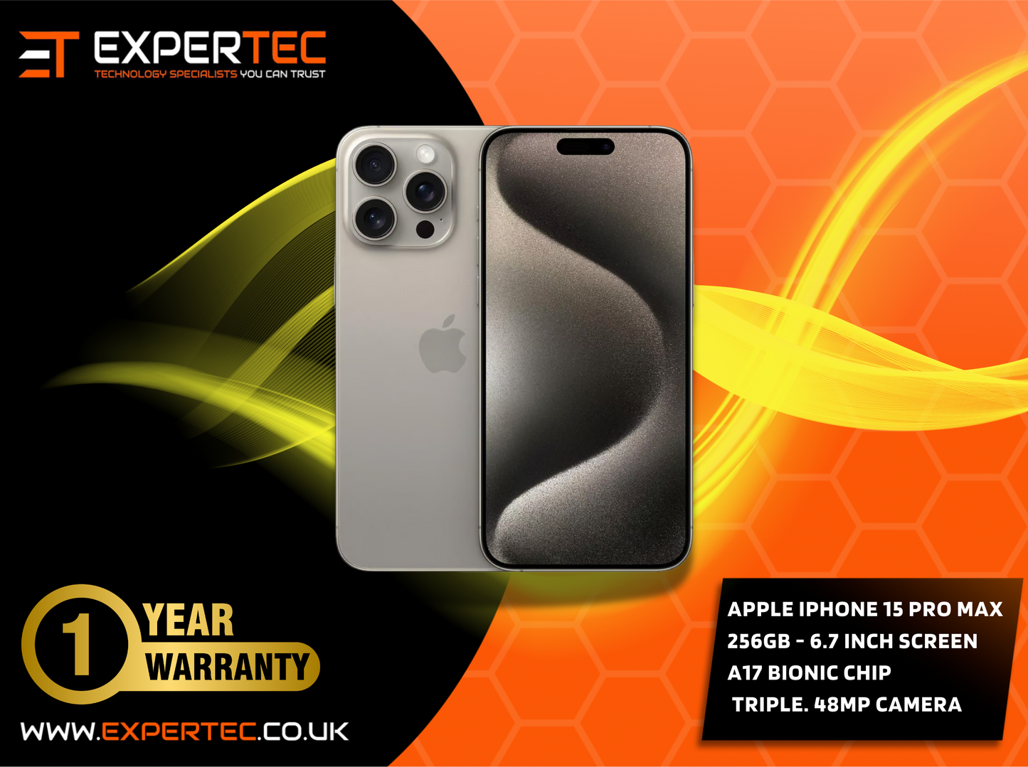 Apple iPhone 15 PRO MAX - 256GB - : Grade A ** Fully Refurbished