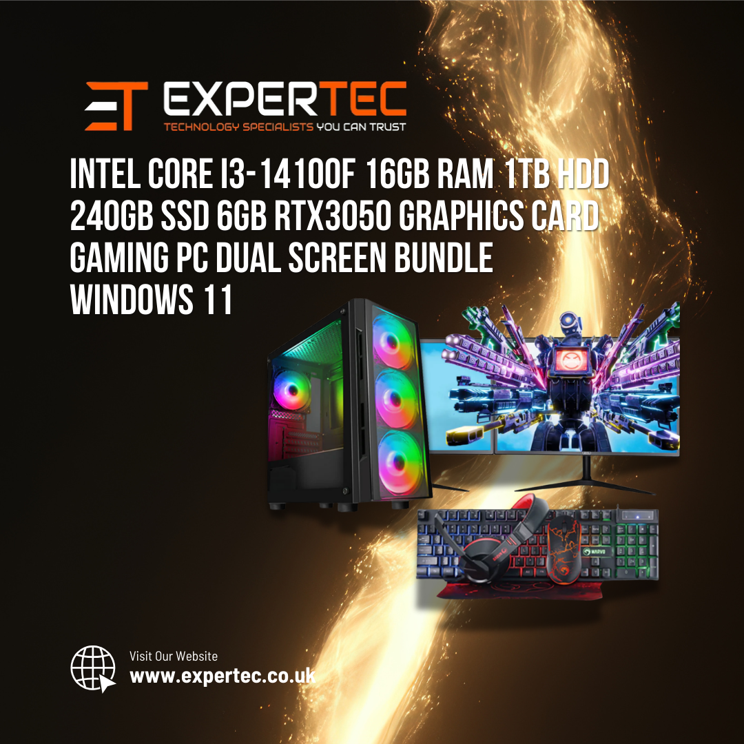 Intel Core i3-14100F 16GB RAM 1TB HDD 240GB SSD 6GB RTX3050 Graphics Card Gaming PC Dual Screen Bundle - Windows 11
