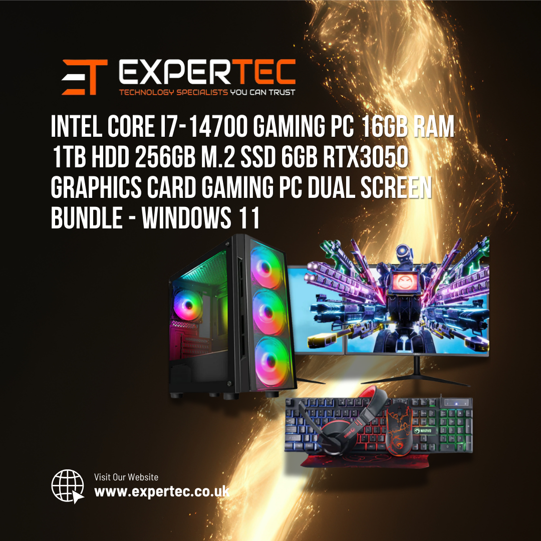 Intel Core i7-14700 Gaming PC 16GB RAM 1TB HDD 256GB M.2 SSD 6GB RTX3050 Graphics Card Gaming PC Dual Screen Bundle - Windows 11