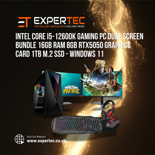 Intel Core i5-12600K Gaming PC Dual Screen Bundle 16GB RAM 8GB RTX5050 Graphics Card 1TB M.2 SSD - Windows 11