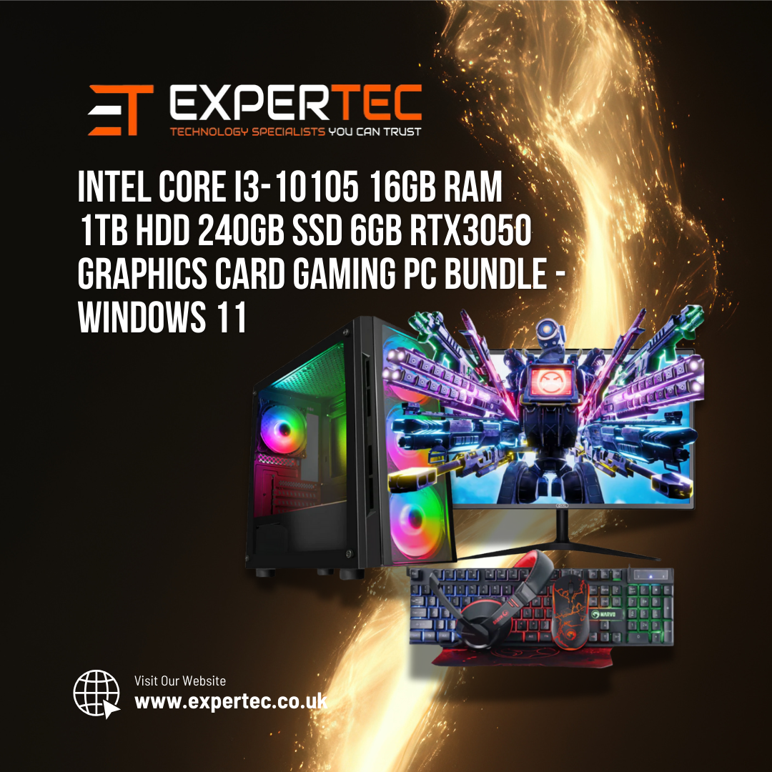 Intel Core i3-10105 16GB RAM 1TB HDD 240GB SSD 6GB RTX3050 Graphics Card Gaming PC Bundle - Windows 11