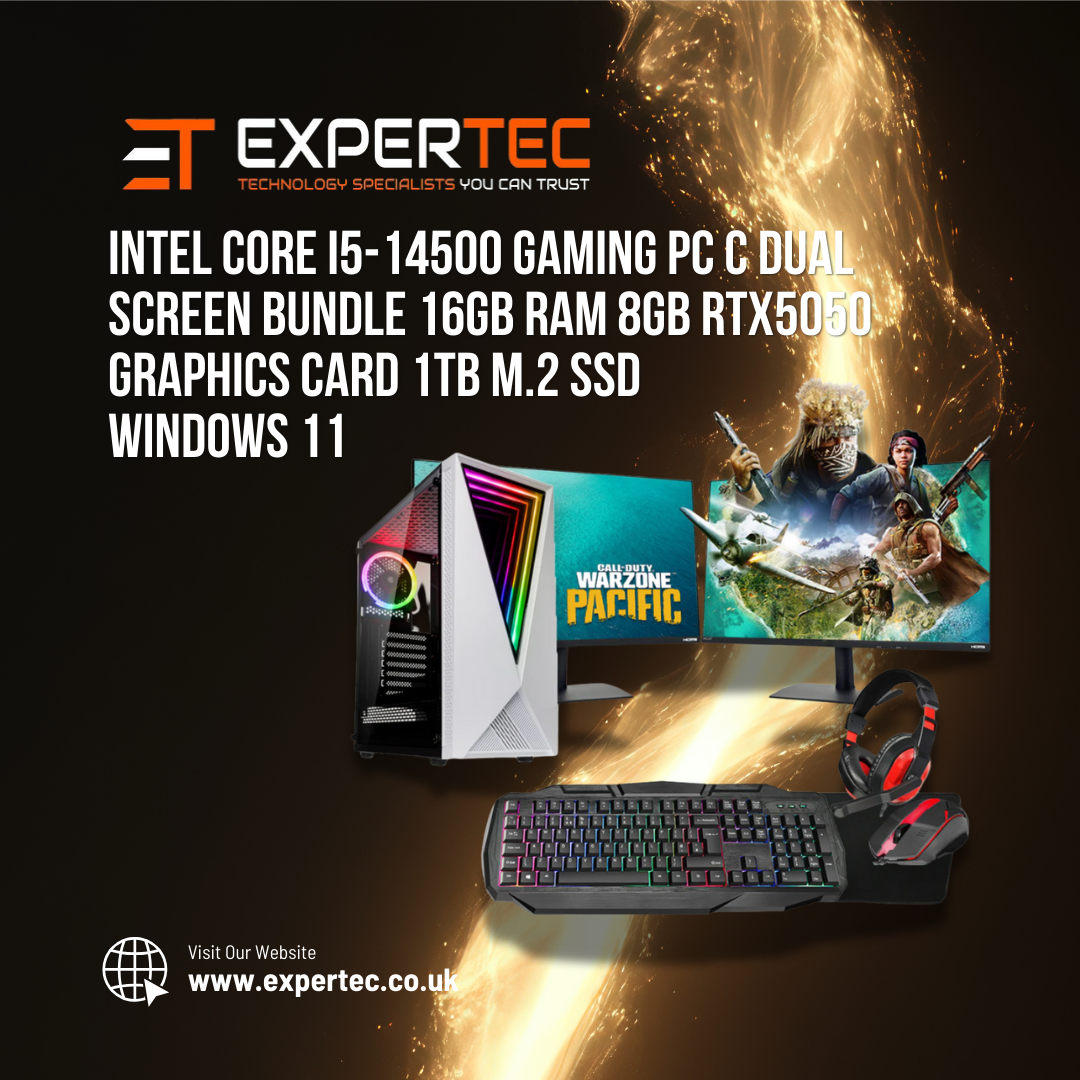 Intel Core i5-14500 Gaming PC C Dual Screen Bundle 16GB RAM 8GB RTX5050 Graphics Card 1TB M.2 SSD - Windows 11