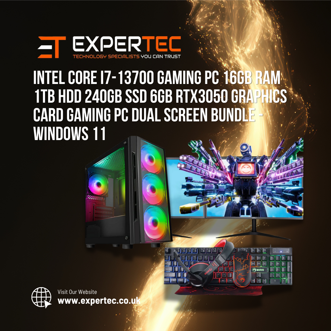 Intel Core i7-13700 Gaming PC 16GB RAM 1TB HDD 240GB SSD 6GB RTX3050 Graphics Card Gaming PC Dual Screen Bundle - Windows 11