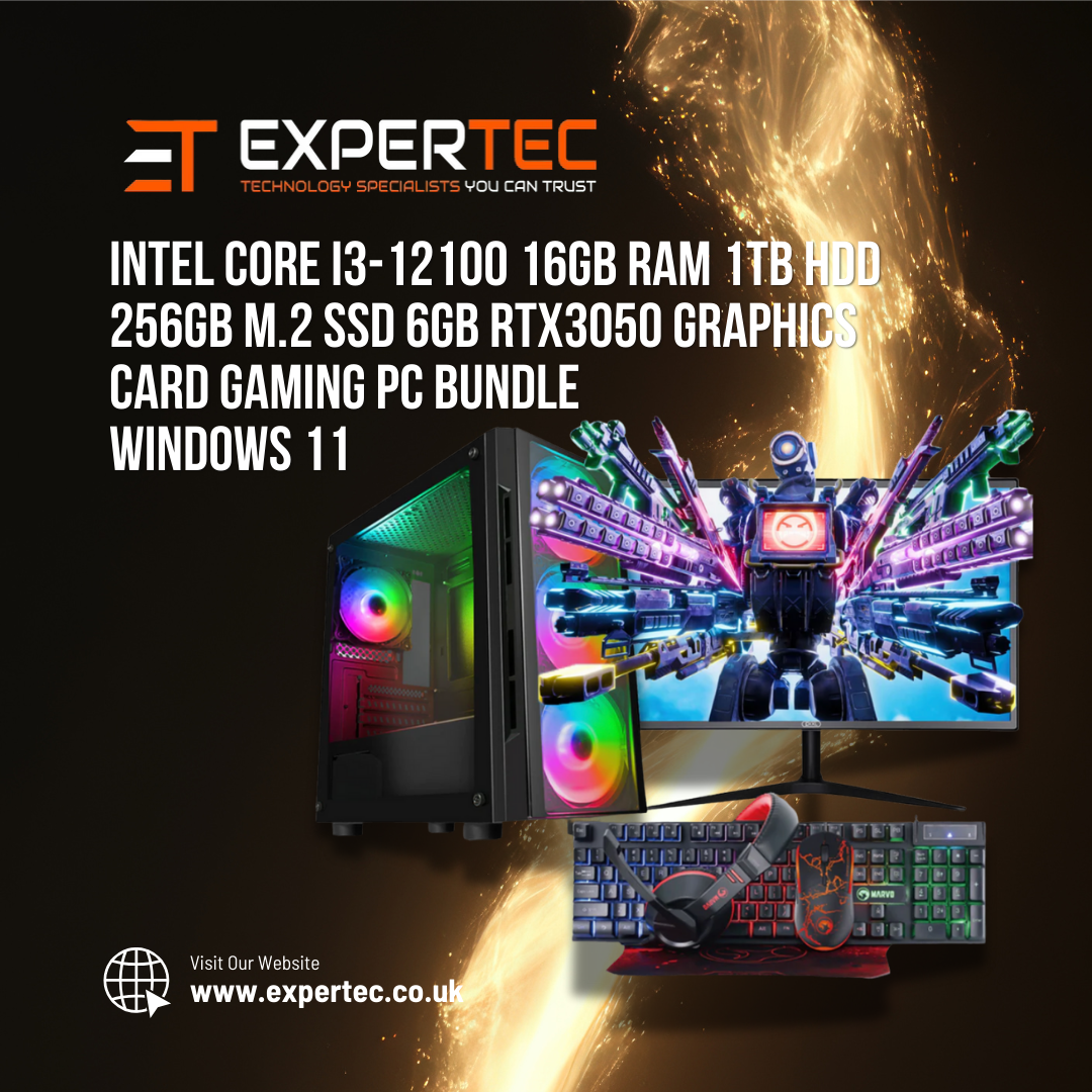 Intel Core i3-12100 16GB RAM 1TB HDD 256GB M.2 SSD 6GB RTX3050 Graphics Card Gaming PC Bundle - Windows 11