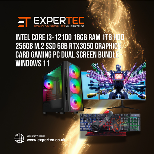 Intel Core i3-12100 16GB RAM 1TB HDD 256GB M.2 SSD 6GB RTX3050 Graphics Card Gaming PC Dual Screen Bundle - Windows 11