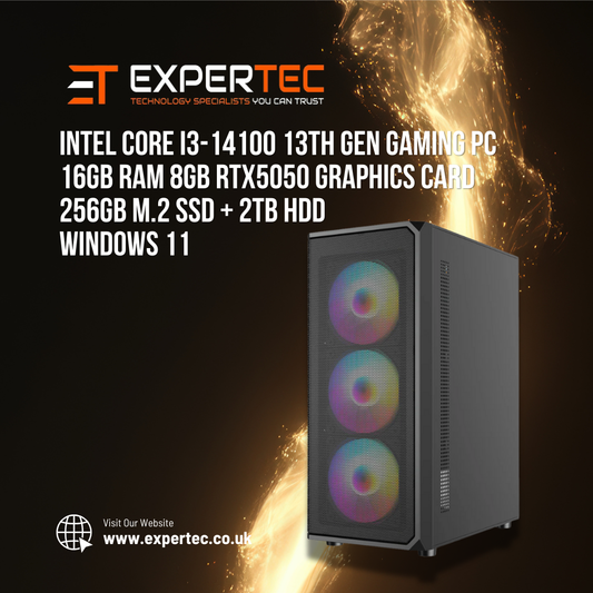 Intel Core i3-14100 13th Gen Gaming PC 16GB RAM 8GB RTX5050 Graphics Card 256gb M.2 SSD + 2TB HDD - Windows 11