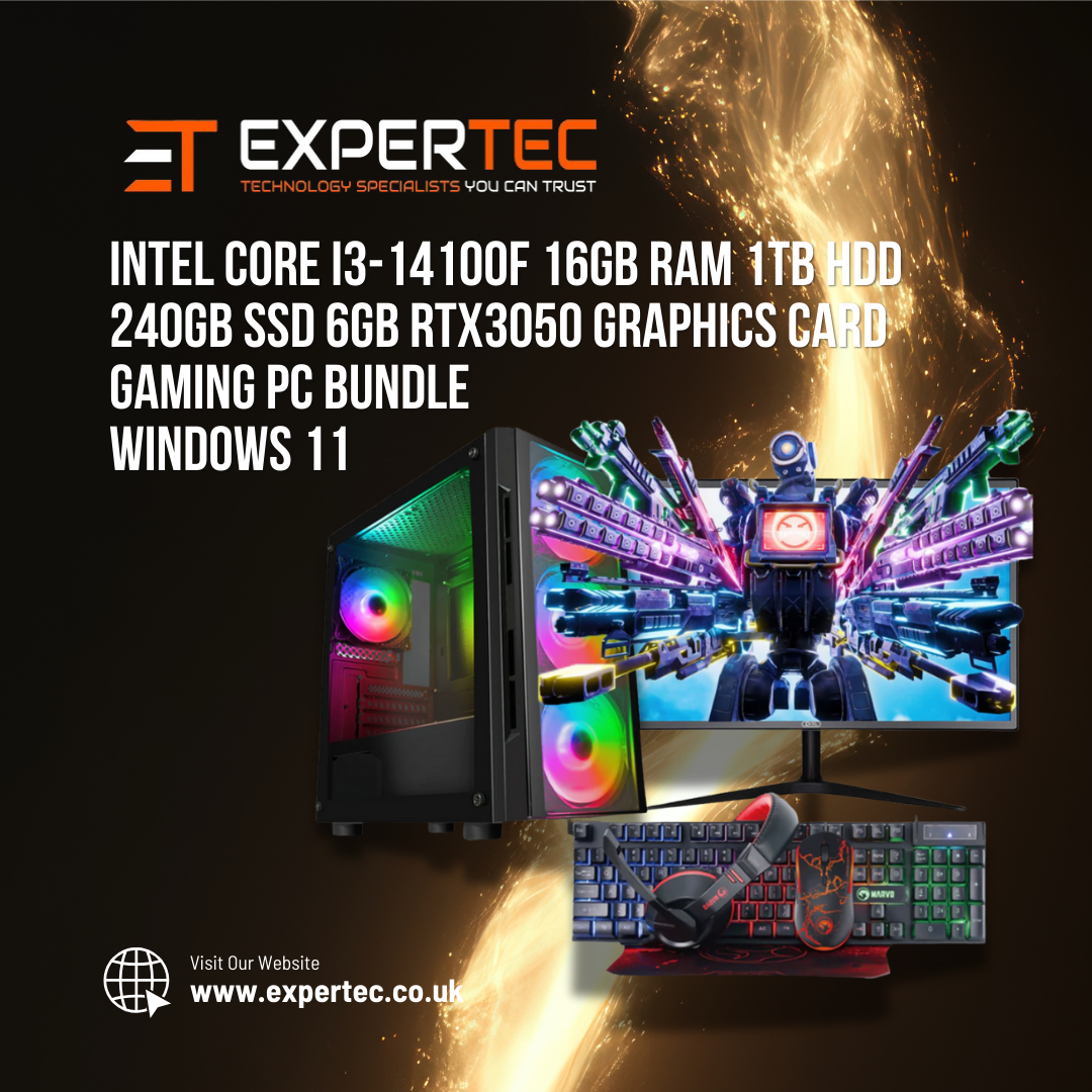 Intel Core i3-14100F 16GB RAM 1TB HDD 240GB SSD 6GB RTX3050 Graphics Card Gaming PC Bundle - Windows 11