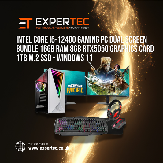 Intel Core i5-12400 Gaming PC Dual Screen Bundle 16GB RAM 8GB RTX5050 Graphics Card 1TB M.2 SSD - Windows 11