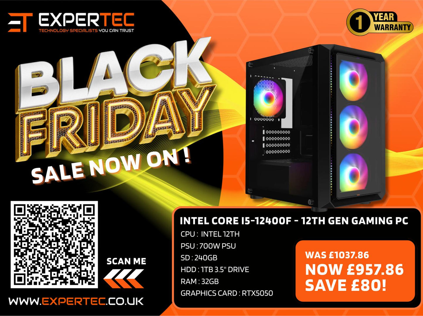 Intel Core i5-12400F - 12th Gen Gaming PC 32GB RAM RTX5050 Graphics Card 240gb SSD + 1TB HDD - Windows 11