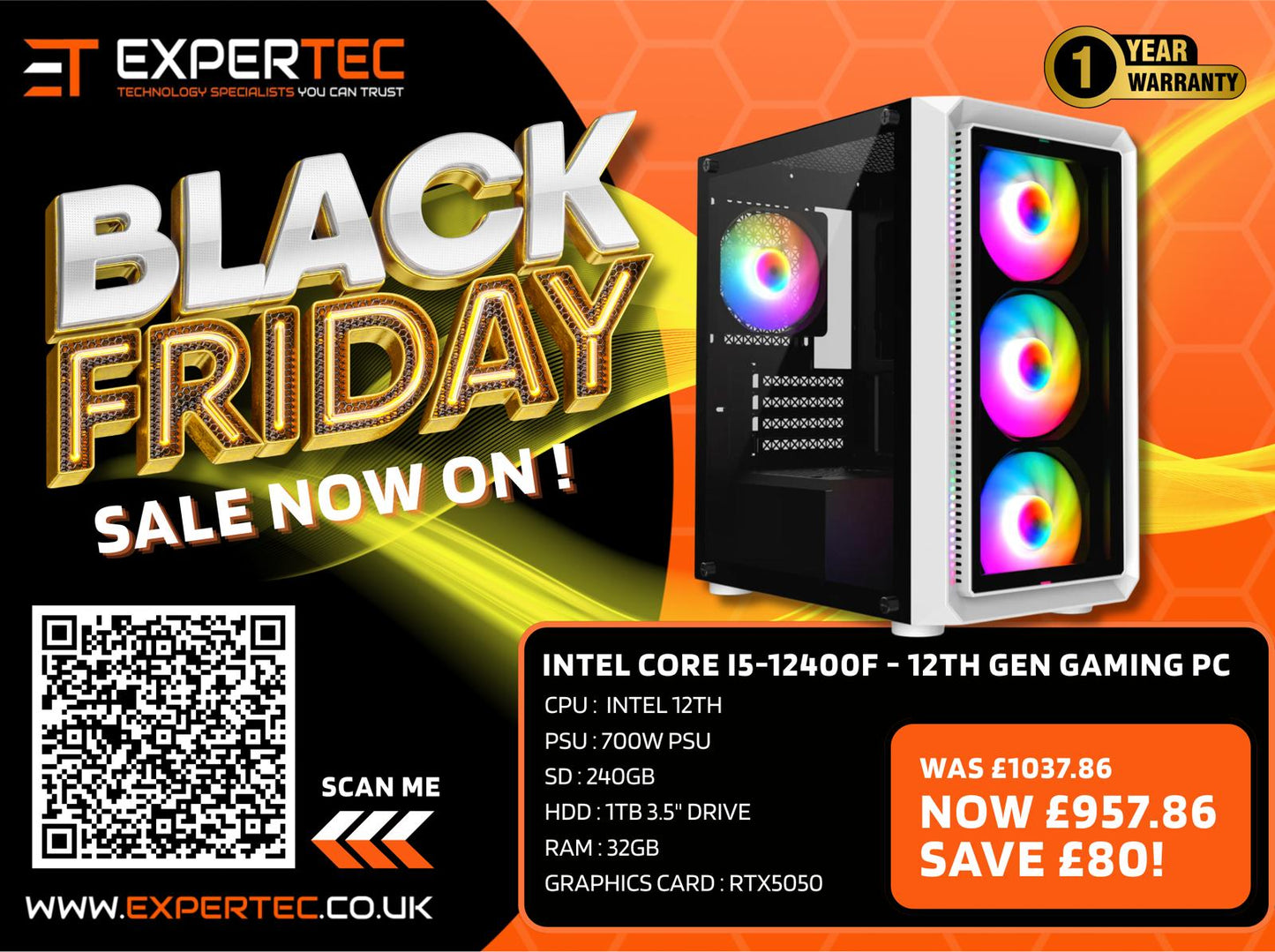 Intel Core i5-12400F - 12th Gen Gaming PC 32GB RAM RTX5050 Graphics Card 240gb SSD + 1TB HDD - Windows 11