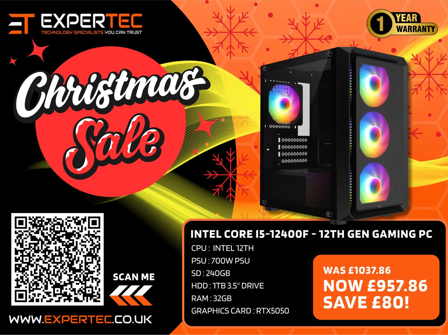 Intel Core i5-12400F - 12th Gen Gaming PC 32GB RAM RTX5050 Graphics Card 240gb SSD + 1TB HDD - Windows 11