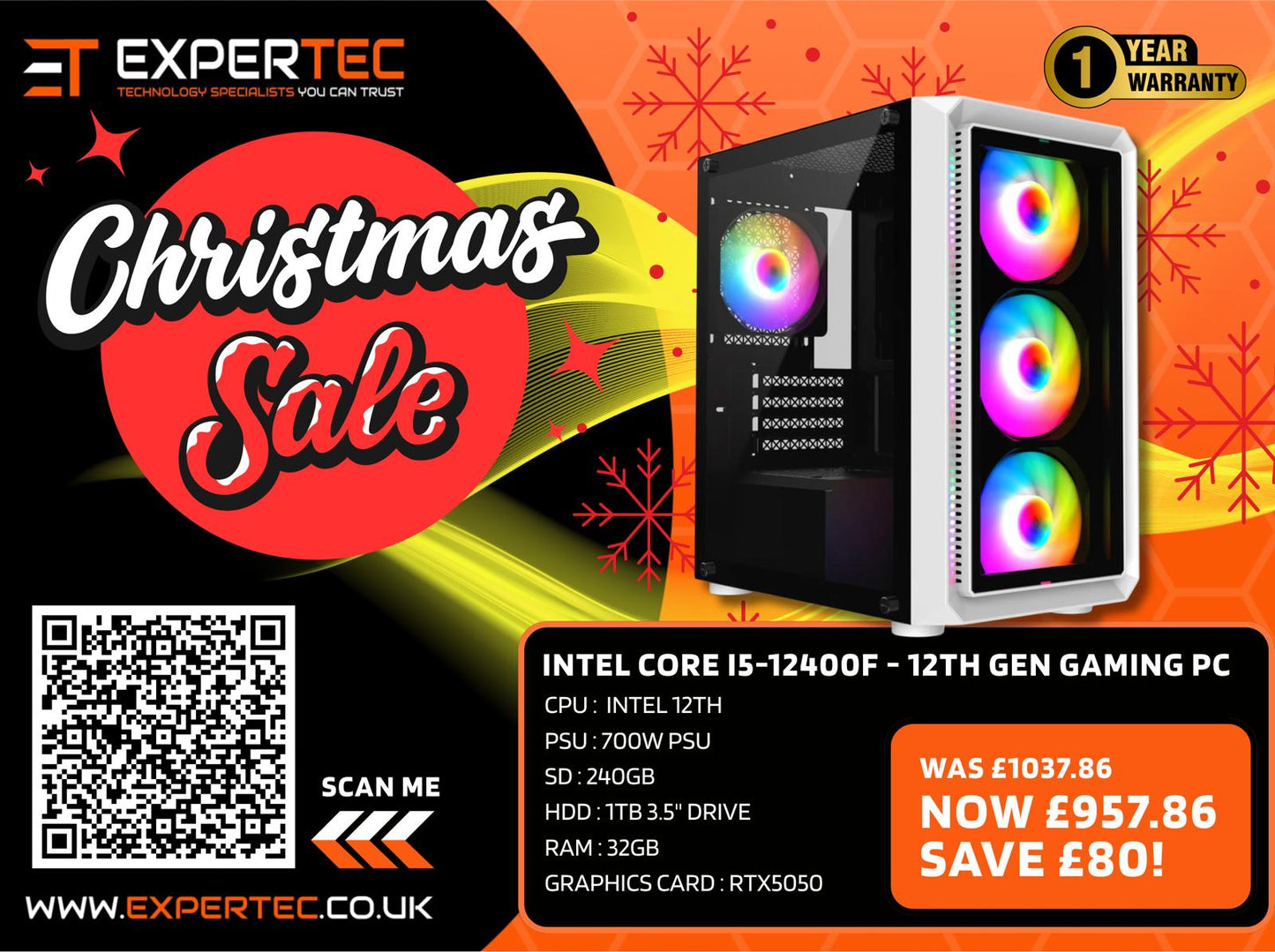 Intel Core i5-12400F - 12th Gen Gaming PC 32GB RAM RTX5050 Graphics Card 240gb SSD + 1TB HDD - Windows 11